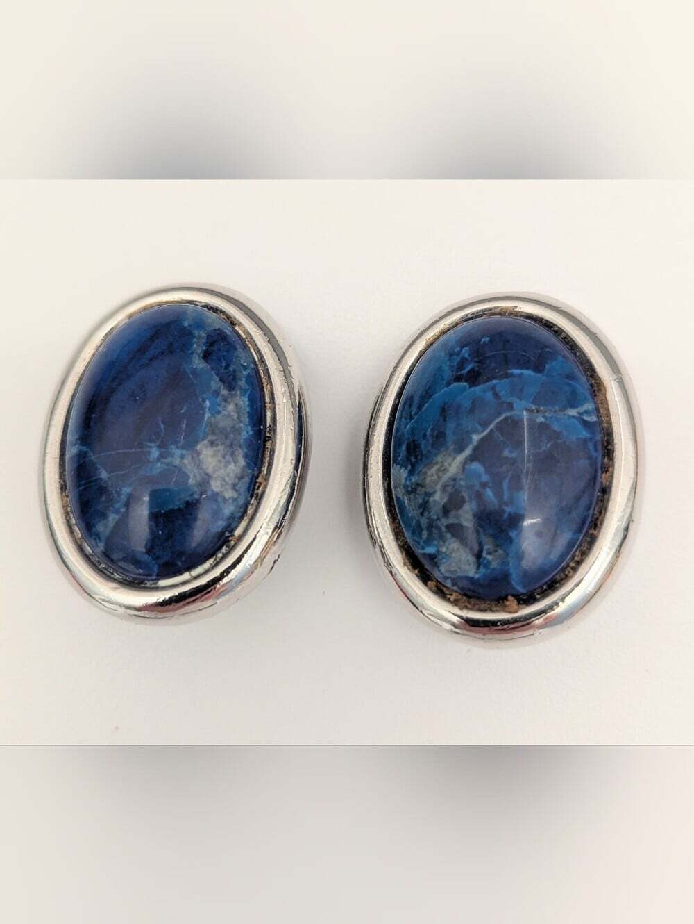 Denim Lapis-Like Blue Stone Oval Clip-On Silver-Tone Earrings